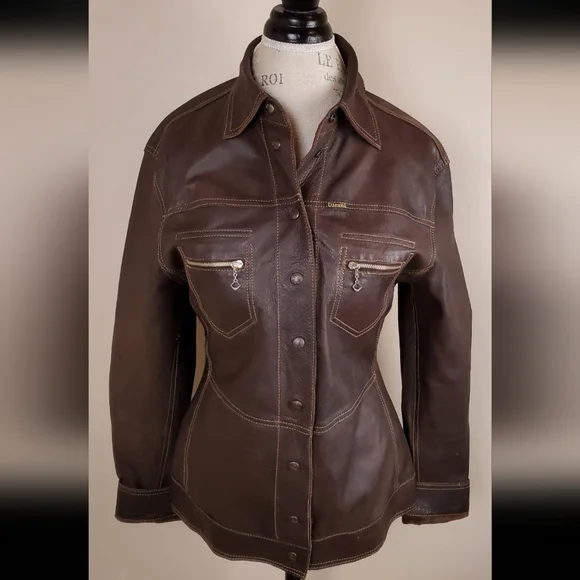Diesel Womens Brown Leather Jacket Pockets Inside